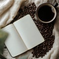 Coffee and empty journal creating a cozy workspace atmosphere. Generative AI Royalty Free Stock Photo