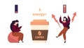 Coffee energy. Woman before and after drinking hot drink. Active life position, tired female vector character