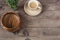 Coffee espresso, bonsai tree and bamboo bowls on a wooden table background. Dark wood. Empty place, copy space Morning in office. Royalty Free Stock Photo