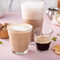 Coffee and espresso drinks in glasses, latte and mocha Royalty Free Stock Photo