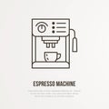 Coffee espresso machine vector flat line icon. Barista equipment linear logo. Outline symbol for cafe, bar, shop