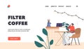 Coffee Filter Landing Page Template. Cozy Coffee Shop With Woman Working On Laptop And Savoring Drink. Cozy Cafe Royalty Free Stock Photo