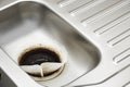 Coffee filter paper draining in kitchen sink plughole Royalty Free Stock Photo