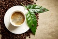 Coffee with foam cup with beans on the left with green leaf on flax