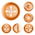 Coffee foam drawing isolated icons, floral pattern and hearts