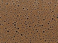 Coffee foam texture with bubbles, close up top view.