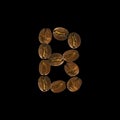 Coffee font alphabet concept isolated on white background. Top view Alphabet made of roasted coffee beans. Letter B