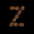 Coffee font alphabet concept isolated on white background. Top view Alphabet made of roasted coffee beans. Letter Z