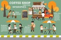 Coffee food truck on street infographics. people relax