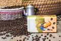 Coffee, fresh aromatic coffee beans in a metal box with coffee pot Royalty Free Stock Photo