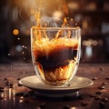 Coffee in a glass cup with splashes on a wooden table. Hot coffee splashes on a blurred background with bokeh lights. Royalty Free Stock Photo