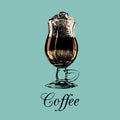 Coffee glass isolated. Vector illustration of frappe with foam. Sketched transparent cup of cappuccino. Soft drink logo