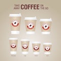 Coffee on the go cups. Different sizes of take away paper coffee