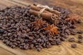 Coffee grains, anise and canella Royalty Free Stock Photo