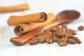 Coffee grains cinnamon sticks aroma drink background Royalty Free Stock Photo
