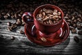 Coffee grains cup saucer on wooden board Royalty Free Stock Photo