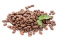 Coffee grains and leaves isolated on the white backgrounds. Royalty Free Stock Photo