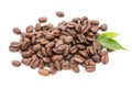 Coffee grains and leaves isolated on the white backgrounds. Royalty Free Stock Photo