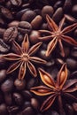 coffee grains and star anise on a wooden table, brown abstract background, warm texture, macro