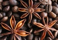 coffee grains and star anise on a wooden table, brown abstract background, warm texture, macro