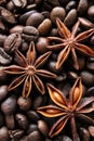 coffee grains and star anise on a wooden table, brown abstract background, warm texture, macro Royalty Free Stock Photo