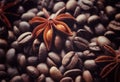 coffee grains and star anise on a wooden table, brown abstract background, warm texture, macro Royalty Free Stock Photo