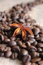 coffee grains and star anise on a wooden table, brown abstract background, warm texture, macro Royalty Free Stock Photo