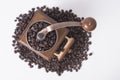 Coffee grinder with arabica coffee beans on white Royalty Free Stock Photo