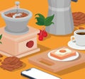 Coffee grinder breakfast and smartphone vector design