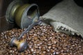 Coffee grinder with and coffee beans.