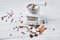 Coffee grinder with coffee beans and spices and spices cinnamon sticks, star anise Royalty Free Stock Photo