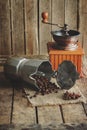 Coffee grinder, coffeepot and roasted coffee beans