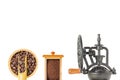 Coffee grinder fresh, coffee powder, coffee beans, on white background Royalty Free Stock Photo