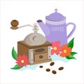 coffee grinder and kettle with red flowers and leaves. Coffee pot and mill. Vector, set for making Royalty Free Stock Photo