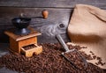 Coffee grinder sack and vintage scoop with coffee beans