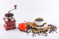 Coffee grinder winch, Red heart icon and Coffee cup with beans on hemp sack Royalty Free Stock Photo