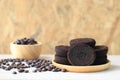 Coffee ground and Coffee beans on wooden background, Beauty and healthy care concept Royalty Free Stock Photo