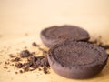 coffee grounds after bean extraction espresso machine perfect cookie powder pile brown roasted dark black drink caffeine food Royalty Free Stock Photo