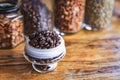 Coffee on grunge wooden background.