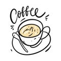 Coffee hand drawn vector illustration and lettering. Isolated on white background. Cartoon style. Royalty Free Stock Photo