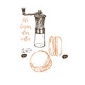 Coffee hand grinder, beans and macaroons vector hand drawn sketch poster. Banner, poster, identity, branding design for Royalty Free Stock Photo