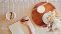 Coffee, hand and writing in journal top view with candle for calm, peace and relax morning routine. Woman, notebook and Royalty Free Stock Photo