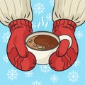 coffee in hands winter mittens raster hand drawn