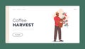 Coffee Harvest Landing Page Template. Farmer Work on Plantation, Male Character Picking Harvesting Berries from Branch