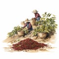 coffee harvest watercolor illustration on white background