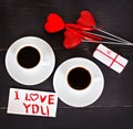 coffee and hearts, card on Valentine's Day, gift, flowers Royalty Free Stock Photo