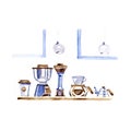 Coffee house aromatic food in a watercolor style isolated. Full name of the food: coffee grinder, coffee, coffeepot