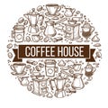 Coffee house circular banner with cups and beans Royalty Free Stock Photo