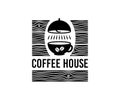 Coffee house, cup, ceiling light and vintage wooden boards, logo design. Drink, drinking, cafeteria, bistro and restaurant, vector
