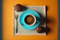 Coffee house, Fragrant coffee, sweets. Instagram design. Turquoise and orange background